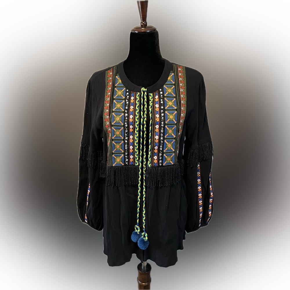 Dor Dor Couture Embroidered Fringe Bohemian Top size L